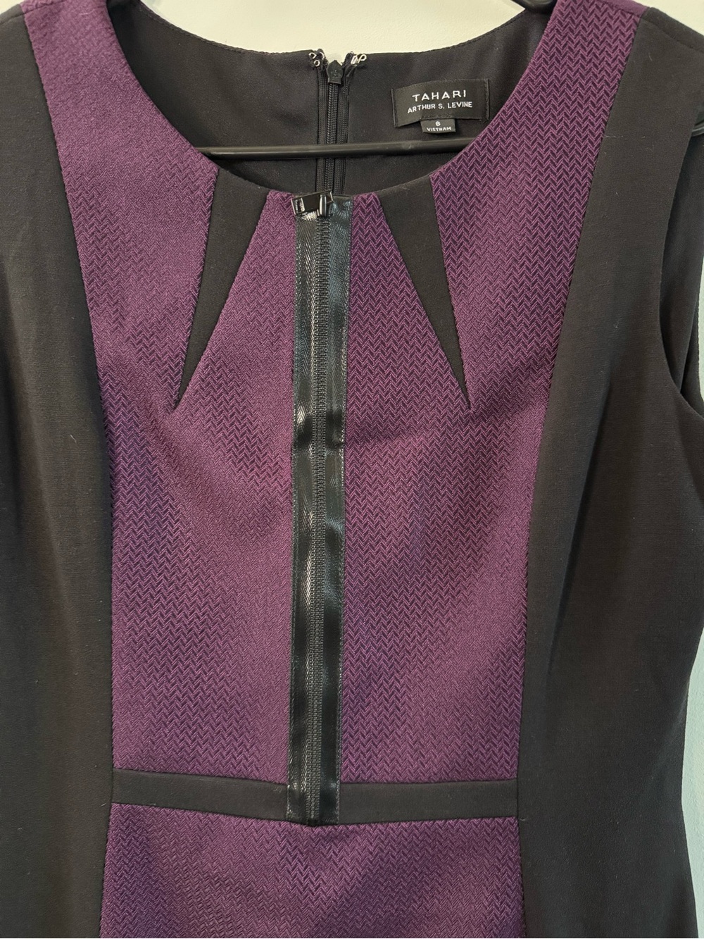 Tahari Purple and Black Zip-Front Sheath Dress
